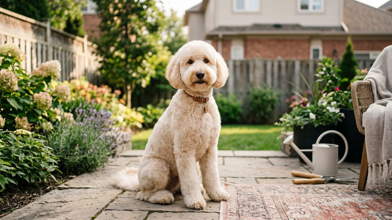A beautifully groomed Goldendoodle with a well-maintained teddy bear cut, clean eyes, and fluffy ears