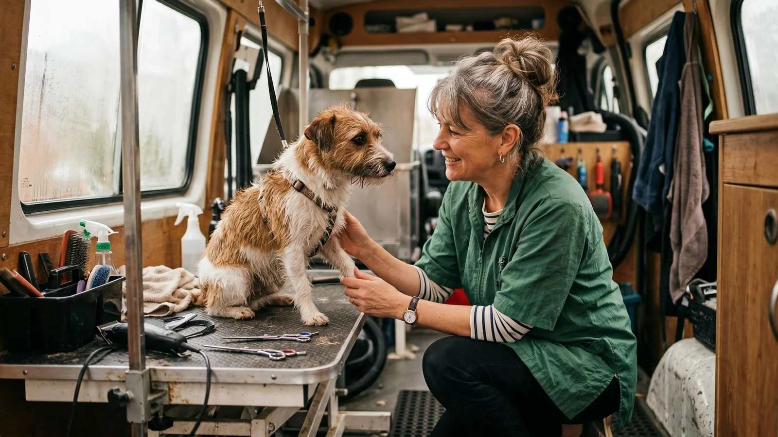 A fear-free certified groomer reading the body language of a slightly nervous rescue dog with calm eye contact and gentle handling