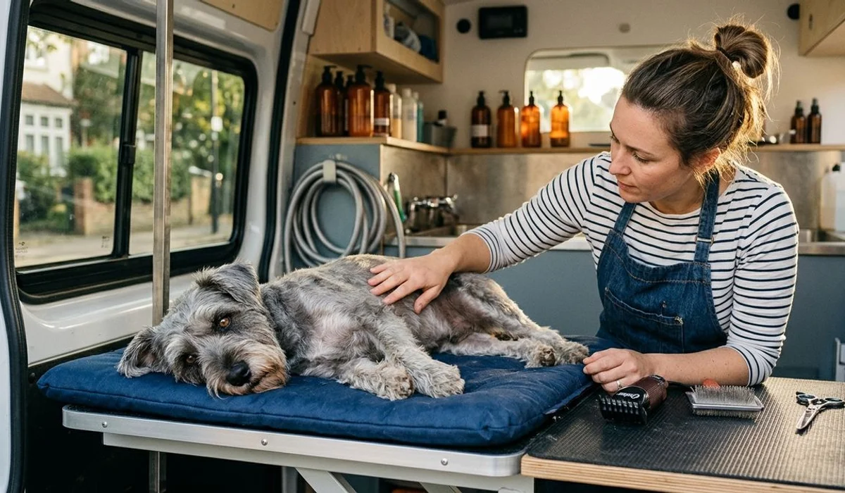 A rescue dog receiving a slow humane shave-down during a matting rescue session with frequent breaks
