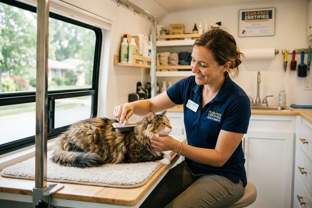Fear-free certified groomer gently brushing a long-haired cat inside the quiet mobile van