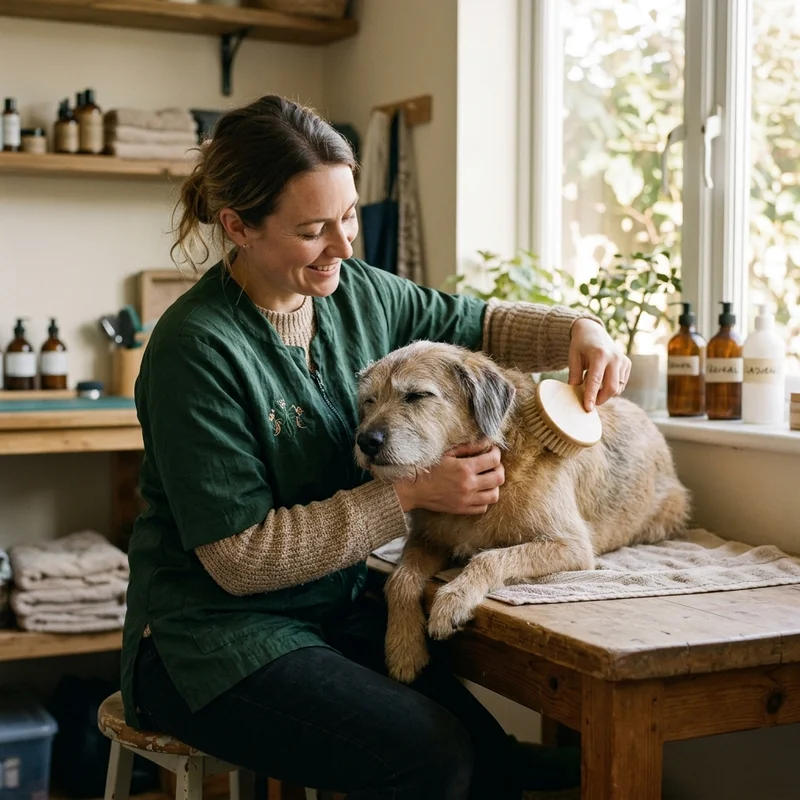 Caprice McManus, lead fear-free certified groomer, brushing a senior rescue dog with care
