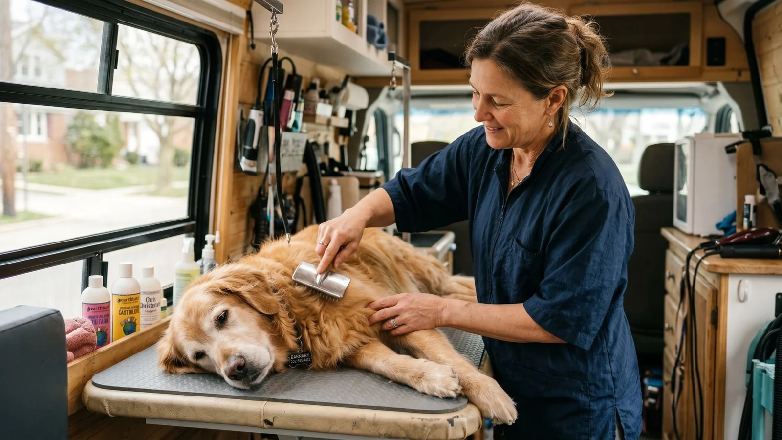 A gentle groomer carefully brushing a calm senior golden retriever lying on a padded grooming table