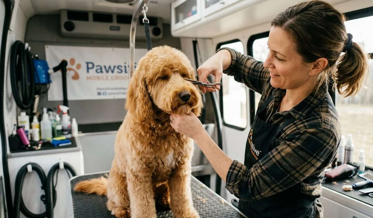 Groomer hand-scissoring the rounded teddy bear silhouette on a Goldendoodle's face inside the van