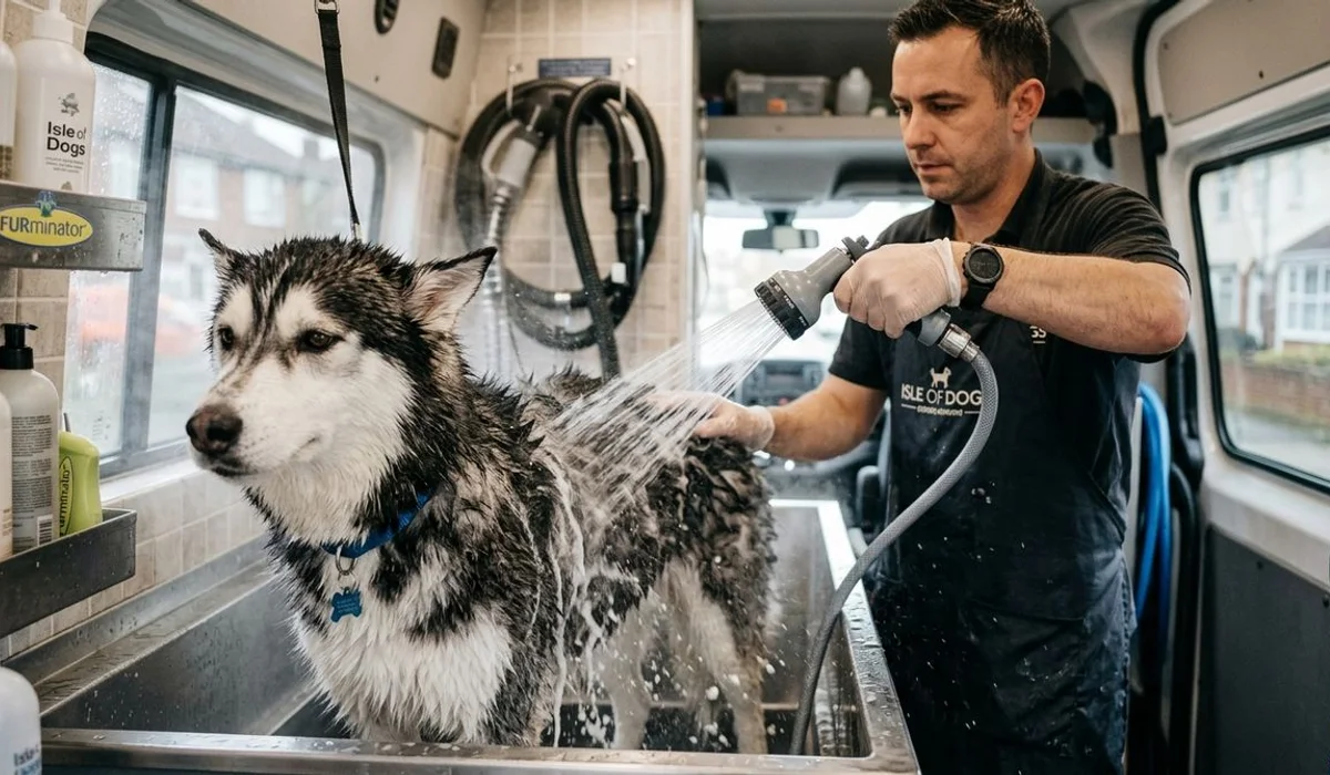 Hydrobath driving warm water through a heavy husky double coat as loose undercoat begins to lift