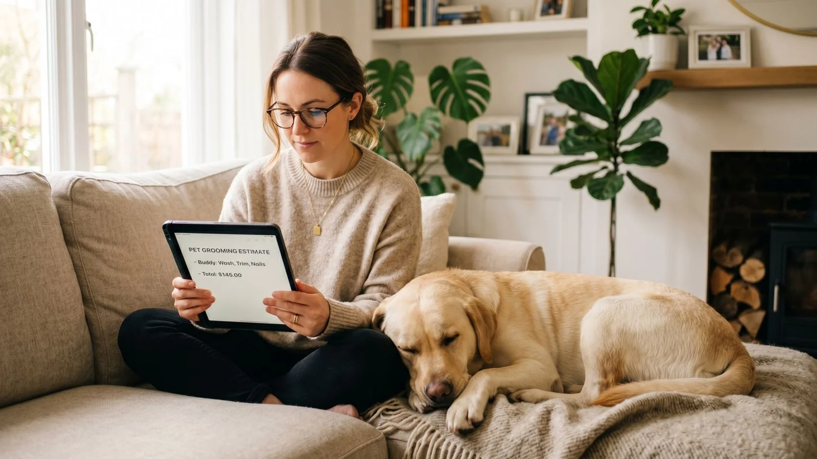 Pet owner reviewing a transparent grooming quote on a tablet with their calm dog nearby