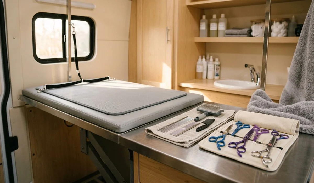 Inside the dog-free mobile grooming van set up for a feline appointment with padded surface and cat-specific tools