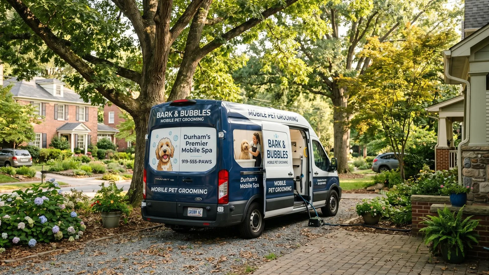 Self-sufficient climate-controlled mobile grooming van parked in a Durham driveway
