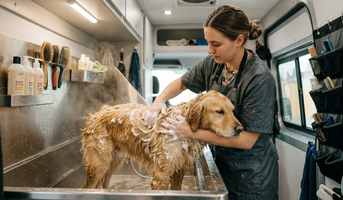 A vet-coordinated oatmeal formulation being gently worked through a sensitive-skin dog's coat