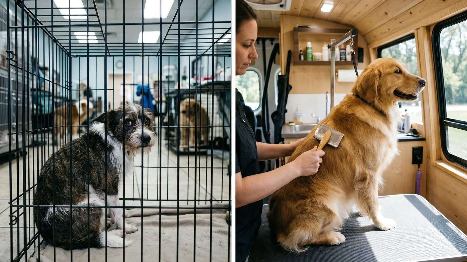 Side-by-side comparison: anxious dog at a busy salon versus a calm dog being brushed inside a quiet mobile grooming van