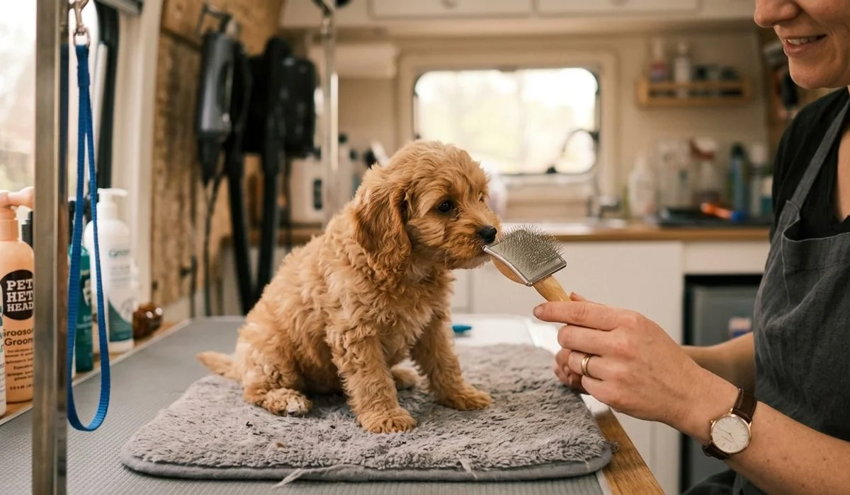 A 12-week-old puppy calmly sniffing a slicker brush during slow tool desensitization inside the van
